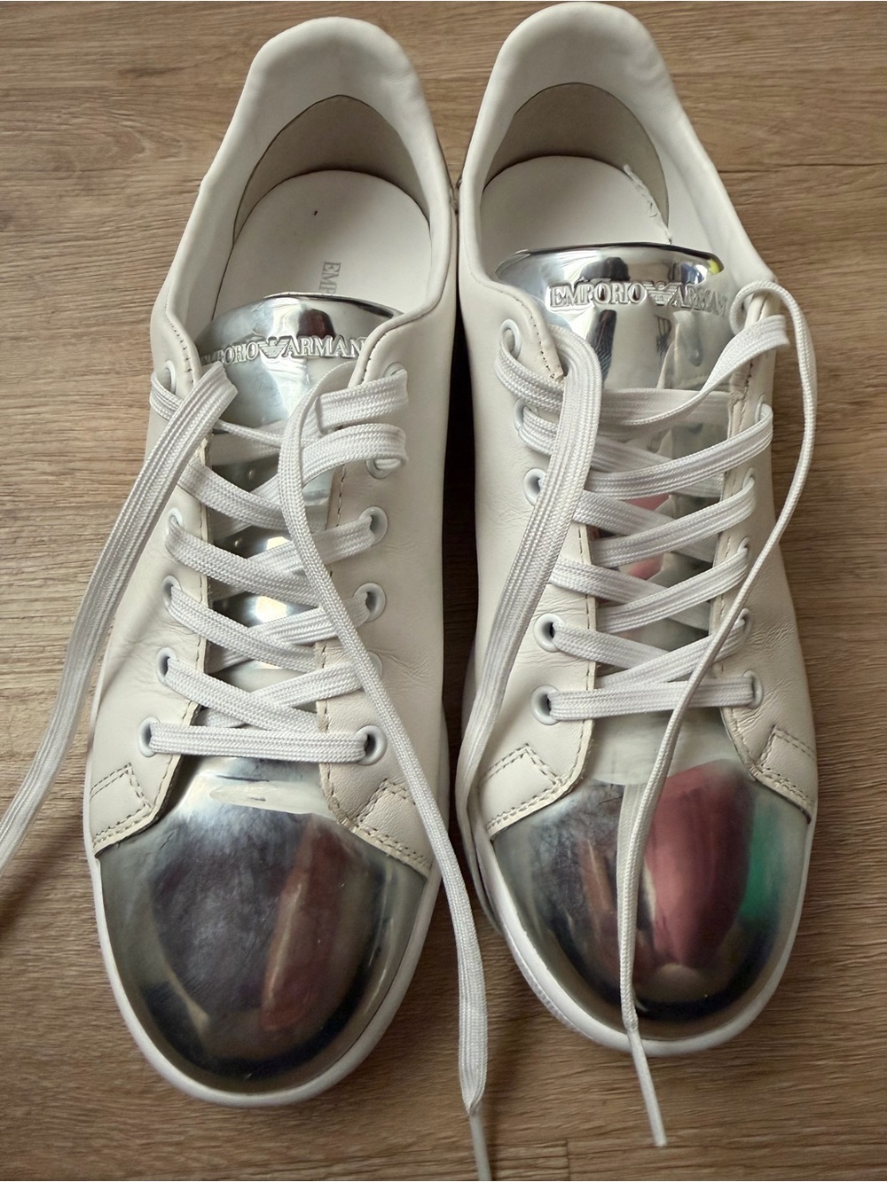 Emporio Armani White Sneakers with Silver Metallic Toe Caps